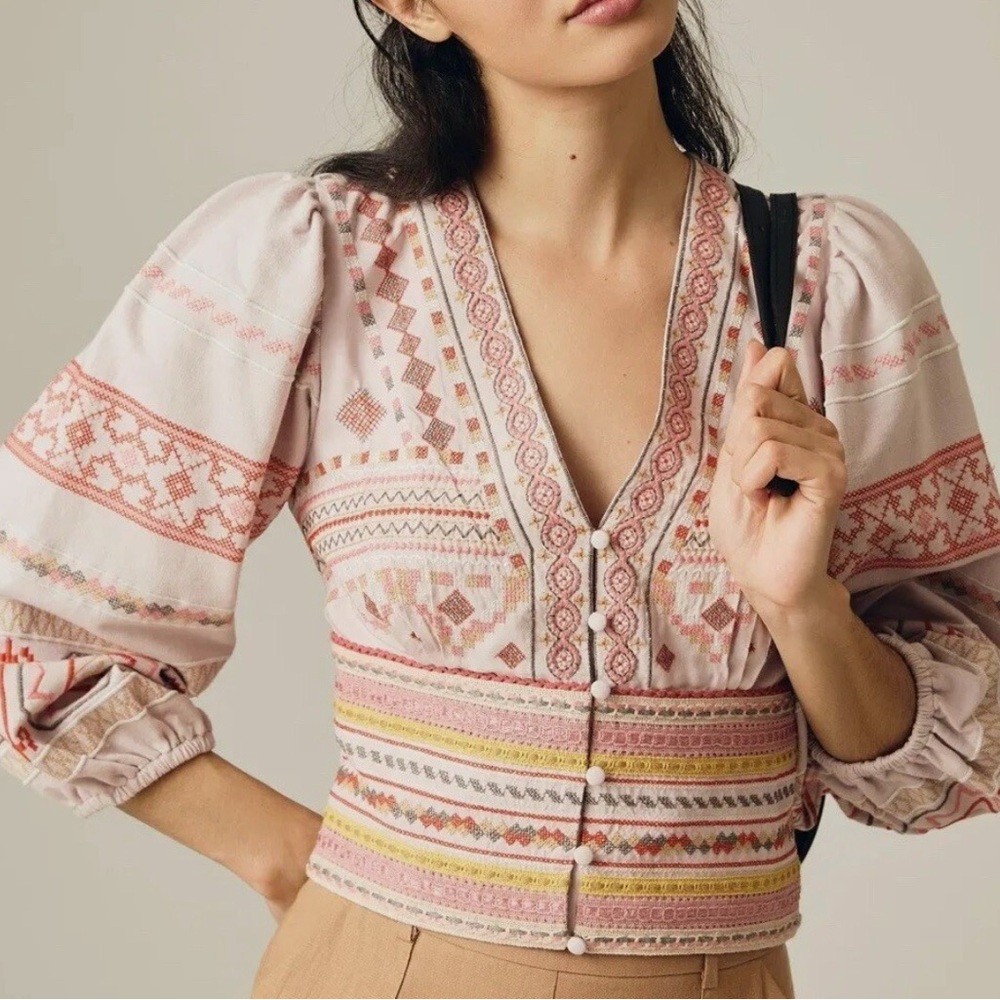 Anthropologie Pink Embroidered Puff Sleeve Cropped Blouse